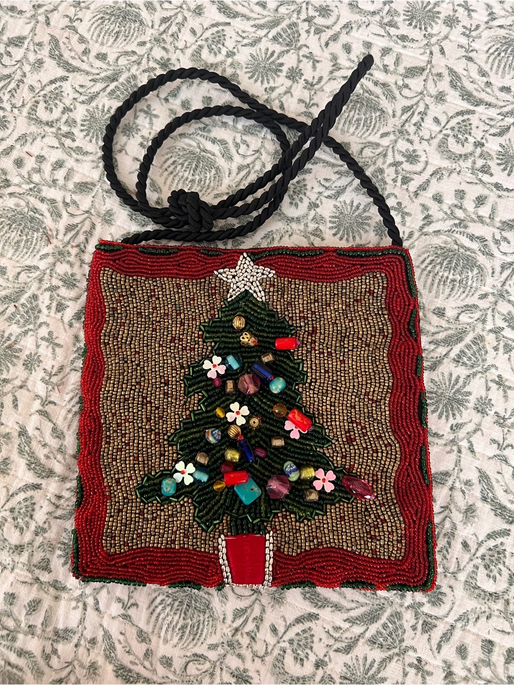 Vintage Beaded Christmas Tree Crossbody Bag Festive Holiday Pouch Made in India
